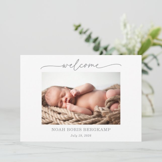 Invitación Muted Gray Baby Photo Welcome Announcement Card (Anverso de pie)