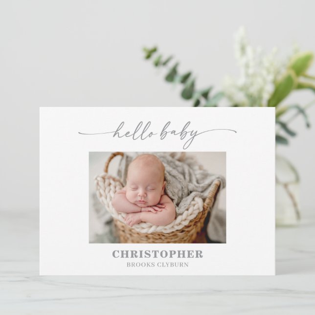 Invitación Muted Gray Hello Baby Photo Announcement Card (Anverso de pie)