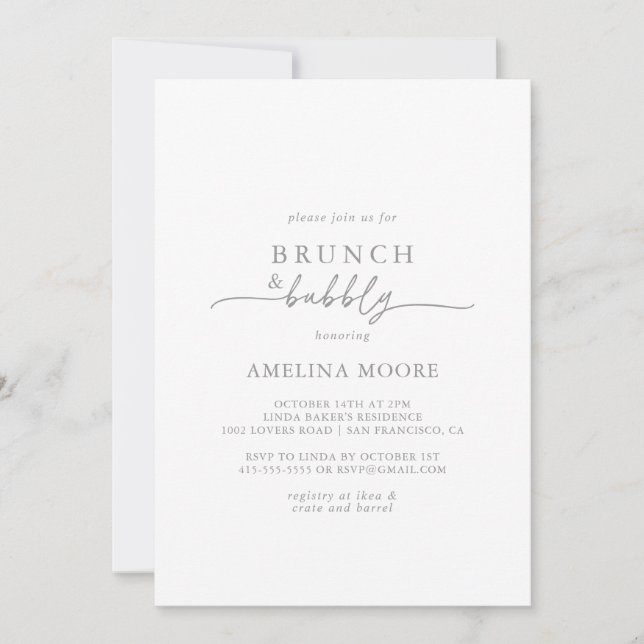 Invitación Muted Gray Minimal Brunch and Bubbly Bridal Shower (Anverso)