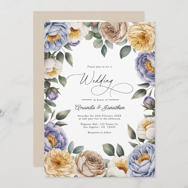 Invitación Muted Periwinkle, Buttercream, and Greige Wedding (Anverso / Reverso)