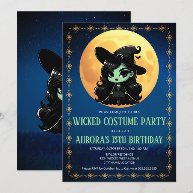 Invitación Muy divertido Green Witch Halloween Cumpleaños (Anverso / Reverso)