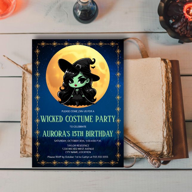 Invitación Muy divertido Green Witch Halloween Cumpleaños (Wicked green witch elegant costume / birthday party invitation for kids or adults; front view.)