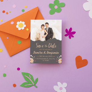 Invitación Muy Naranja Oscuro Minimalista Foto Boda Guardar l