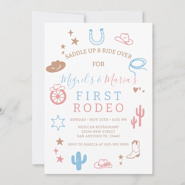 Invitación My First Rodeo Southern Twins Cowboy Birthday  (Anverso)