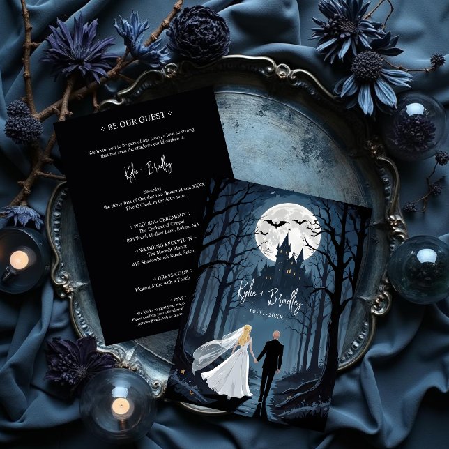 Invitación Mysterious Forest Wedding Couple Haunted Castle (Mysterious Forest Wedding Couple Haunted Castle Invitation Card Design.)