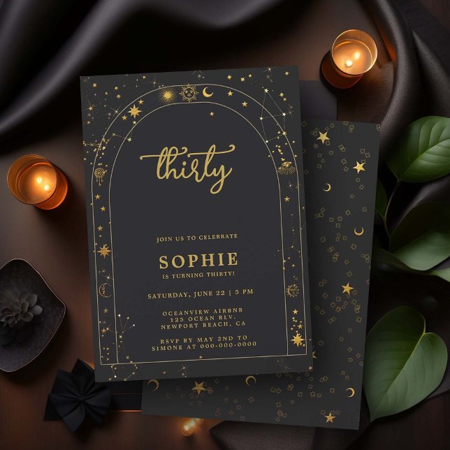 Invitación Mystic Fortune Astrology Boho Arch 30 cumpleaños (celestial constellation horoscope mystic tarot 30th birthday invitation black gold boho arch fortune)