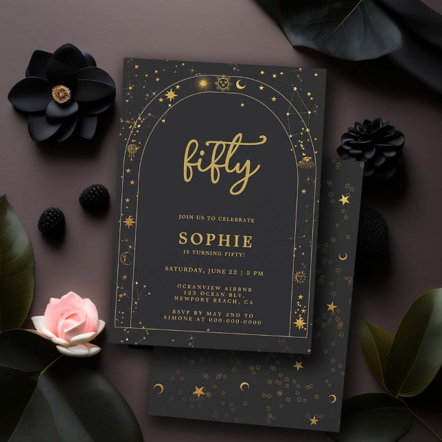 Invitación Mystic Fortune Astrology Boho Arch 50 cumpleaños (celestial theme 50th birthday invitations for women tarot horoscope constellations zodiac black gold)