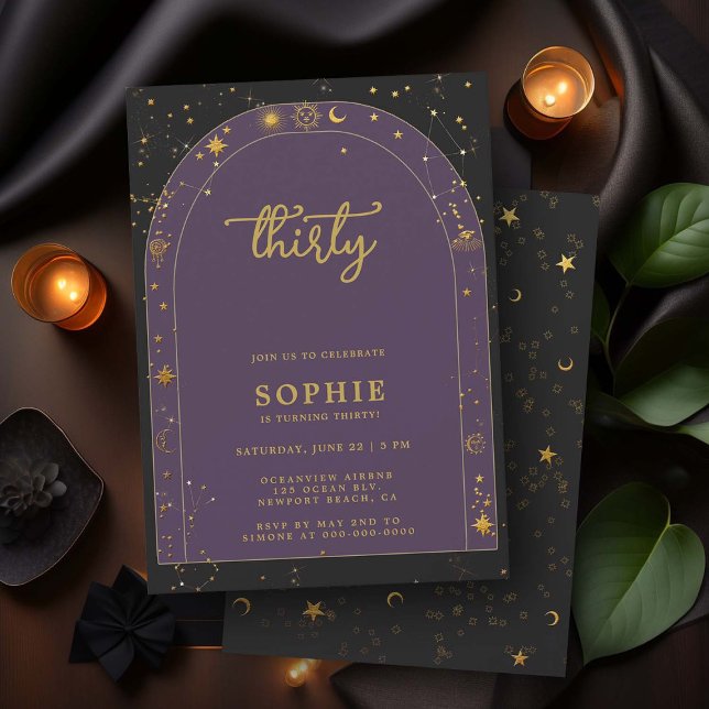 Invitación Mystic Horoscope Celestial Boho Arch 30 cumpleaños (celestial horoscope astrology 30th birthday invitation for women stars moon sun planets zodiac boho)