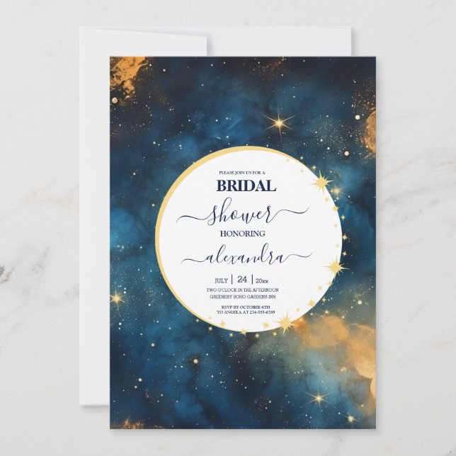 Invitación Mystic Midnight Blue and Gold Watercolor Bridal (Anverso)