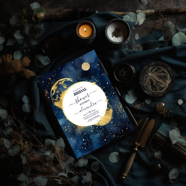 Invitación Mystic Midnight Blue and Gold Watercolor Bridal (Subido por el creador)