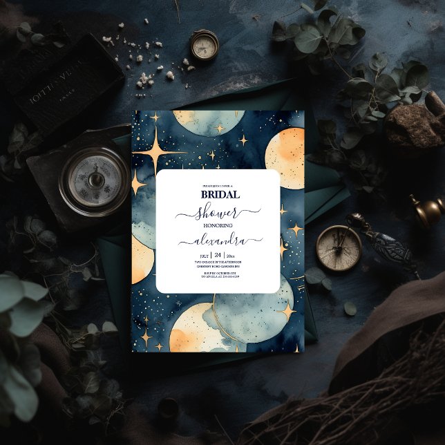 Invitación Mystic Midnight Blue and Gold Watercolor Bridal (Subido por el creador)