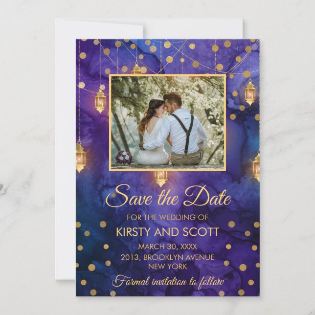 Invitación Mystic Purple Night Lanterns Bokeh Save The Date (Anverso)
