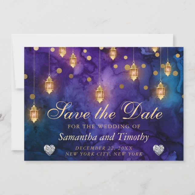 Invitación Mystic Purple Night Lanterns Bokeh Save The Date (Anverso)