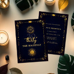 Invitación Mystic Tarot Fortune Navy Gold Fiesta 30 de cumple<br><div class="desc">Una moderna, elegante y moda plantilla de 30 años de fiesta con un tema de tarot, adivino, fondo marino, marco deco con elementos tarot: el sol, la luna, el cáliz, etc. y una capa de oro (un efecto digital, no un Relieve metalizado real). Un divertido tarot de 30 años, diseño...</div>