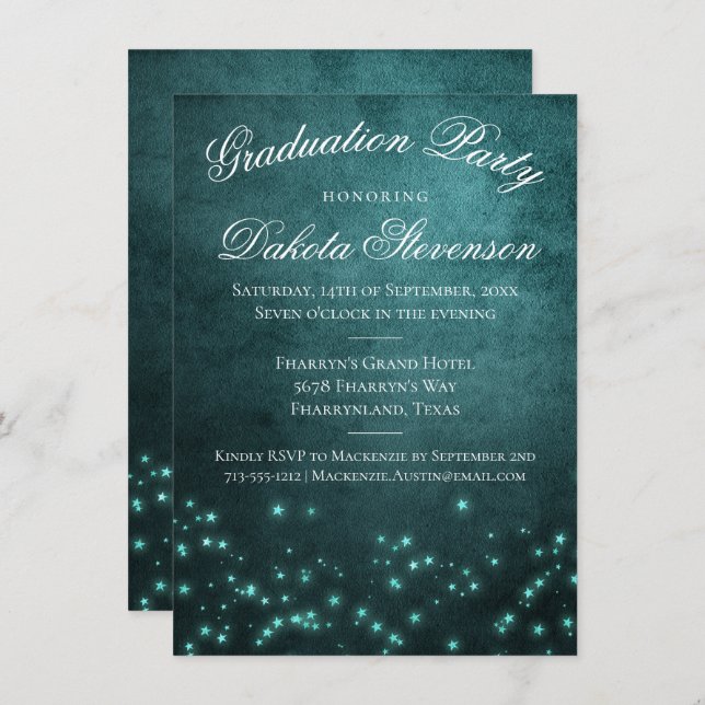 Invitación Mystic Twilight Stars | Graduación Verde azulada p (Anverso / Reverso)