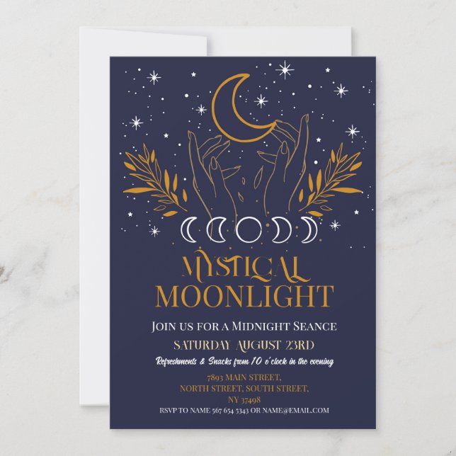 Invitación Mystical Birthday Navy Gold Moon Seance Spirits (Anverso)