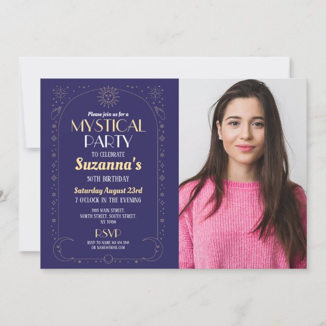 Invitación Mystical Birthday Navy Gold Sun Moon Fiesta Foto (Anverso)