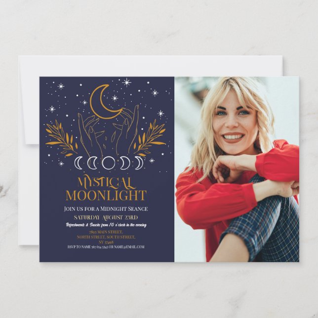 Invitación Mystical Birthday Navy Photo Moon Seance Spirits (Anverso)