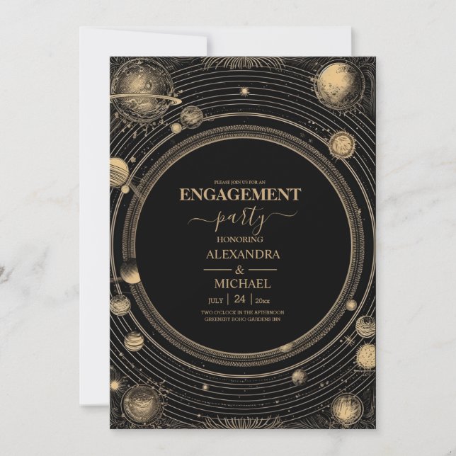 Invitación Mystical Black Gold Celestial Engagement Party (Anverso)