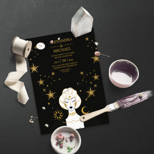 Invitación Mystical Black Gold Celestial Moon Boda