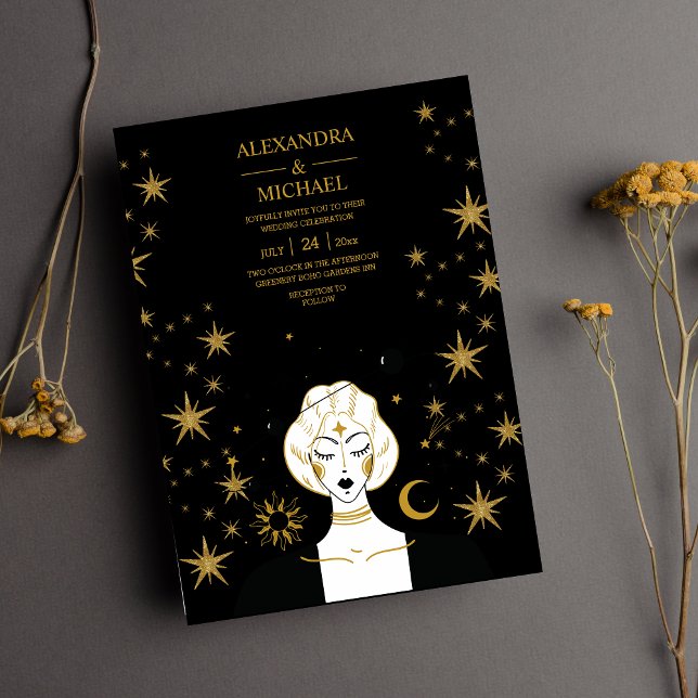 Invitación Mystical Black Gold Celestial Moon Boda (Subido por el creador)