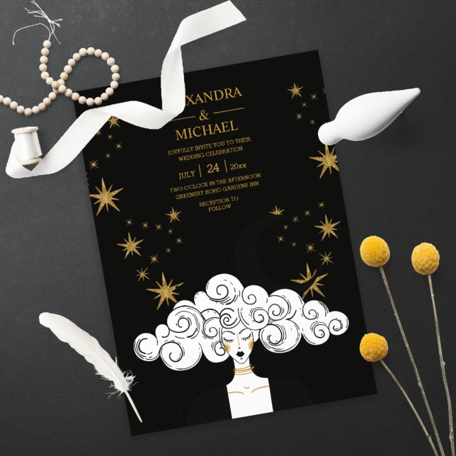 Invitación Mystical Black Gold Celestial Moon Boda Invita (Subido por el creador)