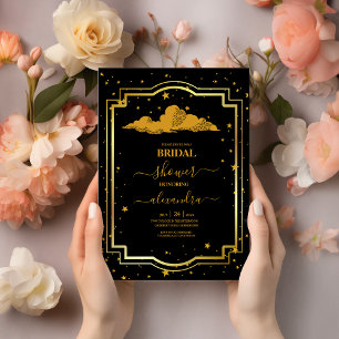 Invitación Mystical Black Gold Celestial Stars Bridal Shower