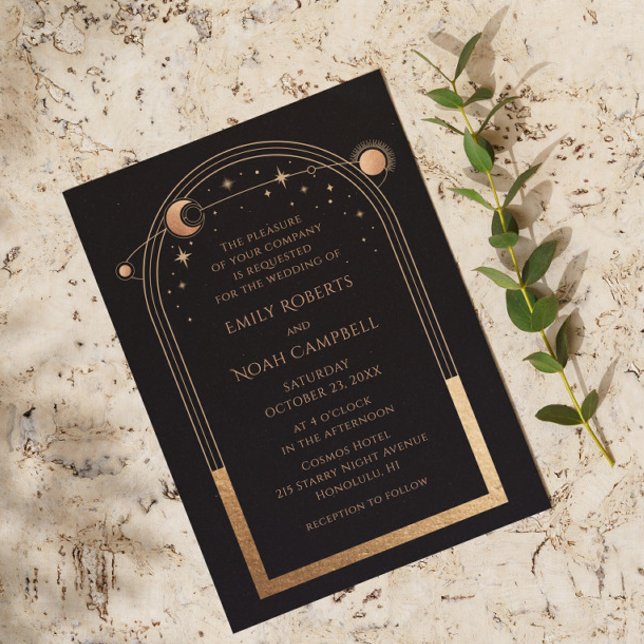 Invitación Mystical Black Gold Sun Moon Astronomy Wedding (Subido por el creador)