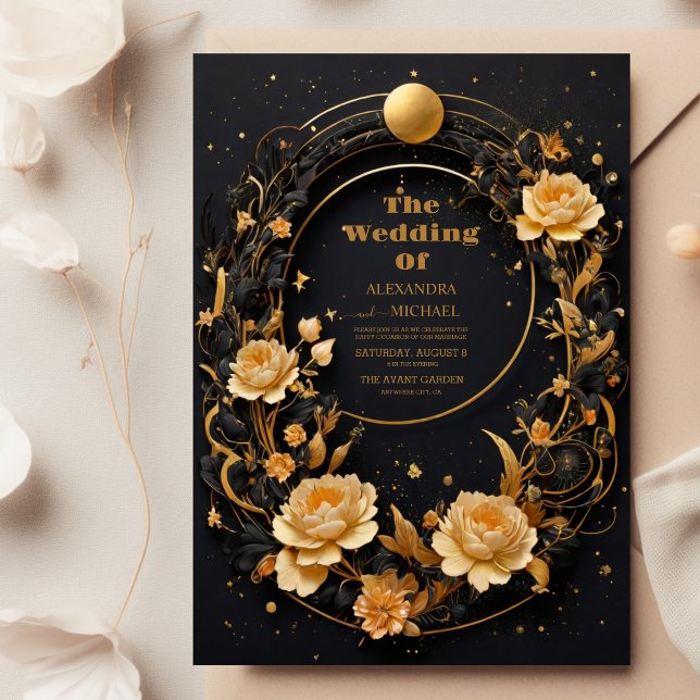 Invitación Mystical Celestial Black and Gold Boda (Subido por el creador)