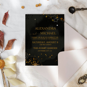 Invitación Mystical Celestial Black and Gold Boda