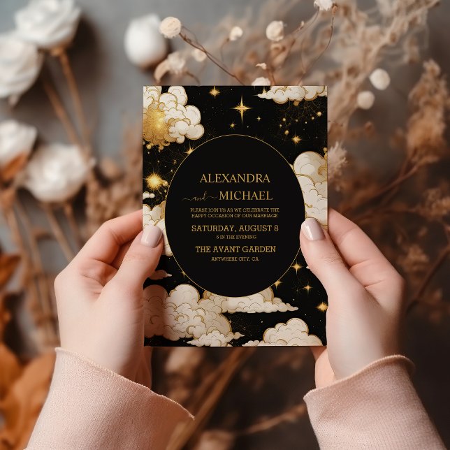 Invitación Mystical Celestial Black and Gold Boda (Subido por el creador)