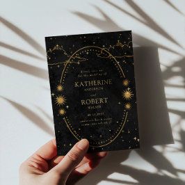 Invitación Mystical Celestial Gold Moon Stars Black Boda