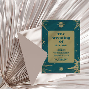 Invitación Mystical Green Gold Sun Moon Astronomic Space wedd