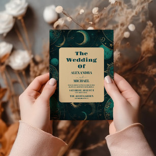 Invitación Mystical Green Gold Sun Moon Astronomic Space wedd