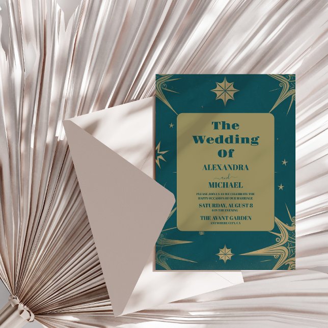 Invitación Mystical Green Gold Sun Moon Astronomic Space wedd (Subido por el creador)