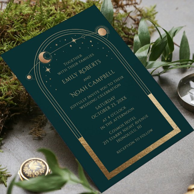 Invitación Mystical Green Gold Sun Moon Astronomy Space (Subido por el creador)