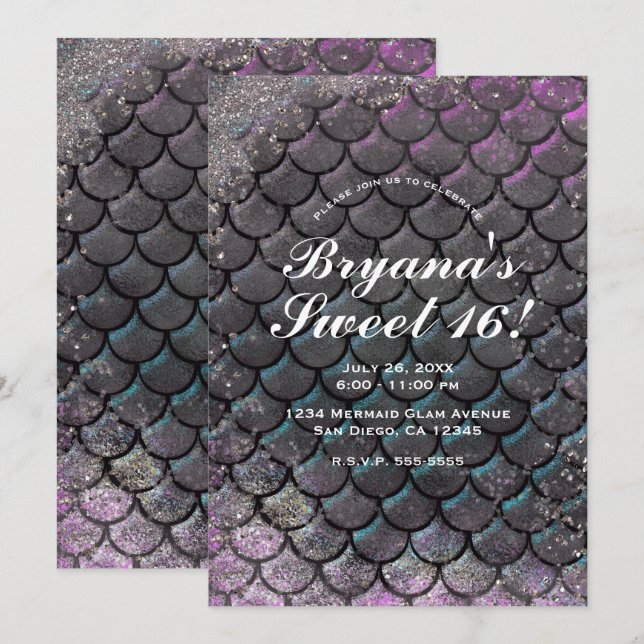 Invitación Mystical Purpurina Plata Rosa Mermaid Sweet 16 (Anverso / Reverso)