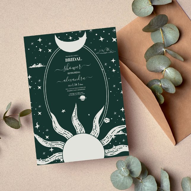 Invitación Mystical Silver y Green Sun Moon Bridal (Subido por el creador)
