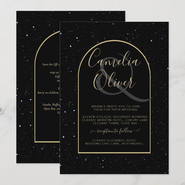Invitación Mystique BLACK GOLD Starry Night Boda (Anverso / Reverso)