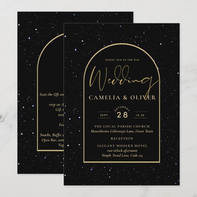 Invitación Mystique BLACK GOLD Starry Night Boda (Anverso / Reverso)