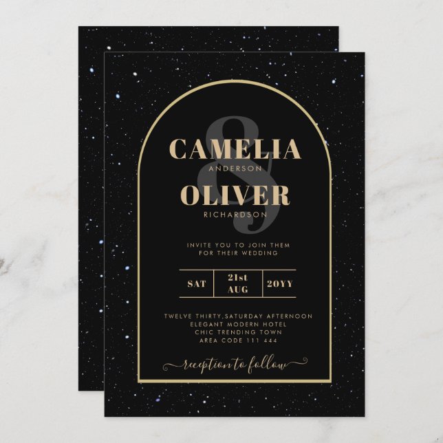 Invitación Mystique BLACK GOLD Starry Night Boda (Anverso / Reverso)