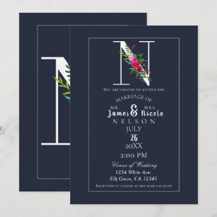 Invitación N Monograma Inicial Final Moderno Azul Floral Boda