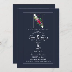 Invitación N Monograma Último Boda floral azul moderno inicia