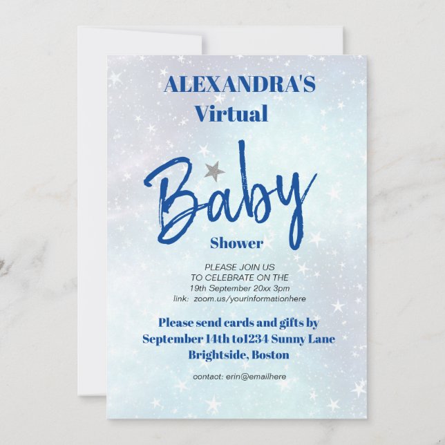 Invitación Nace Virtual Baby Shower Boy Blue Modern Star (Reverso)