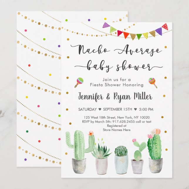 Invitación Nacho promedio de Baby Shower Gold Fiesta Cactus (Anverso / Reverso)