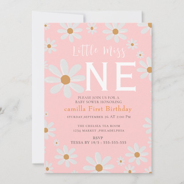 Invitación Nacida la pequeña Miss One Maravillosa Flores de m (Anverso)