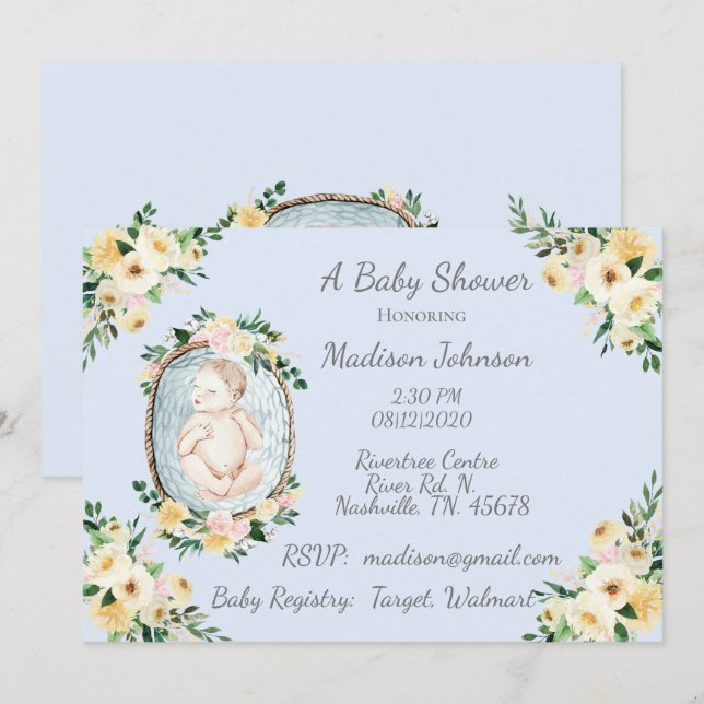 Invitación Nacido Adorable Bebé Azul Flora Bebé Bebé (Anverso / Reverso)