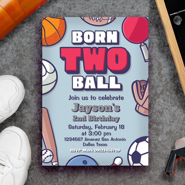 Invitación Nacido de dos bolas - niño de segundo cumpleaños (Born Two Ball - 2nd Birthday - Sports Themed - Boy Invitation)