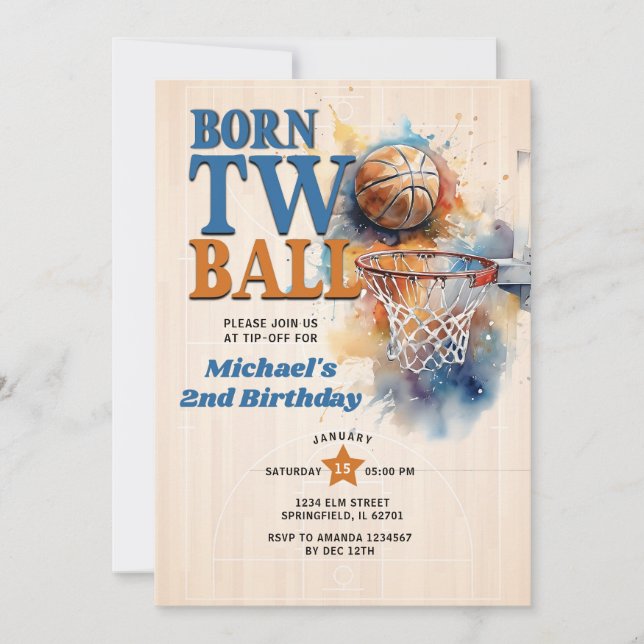 Invitación Nacido Dos Baloncesto Ball Consejo fuera de Hoop 2 (Anverso)