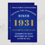 Invitación Nacido en 1931 90th Birthday Love Añadir su nombre<br><div class="desc">Para los nacidos en 1931 y para celebrar su fiesta de cumpleaños número 90, tenemos la tarjeta de invitación ideal. El fondo azul, blanco y dorado, es sencillo y elegante. personalizar fácilmente el texto en la parte delantera y trasera de esta tarjeta de invitación de cumpleaños mediante la plantilla proporcionada....</div>